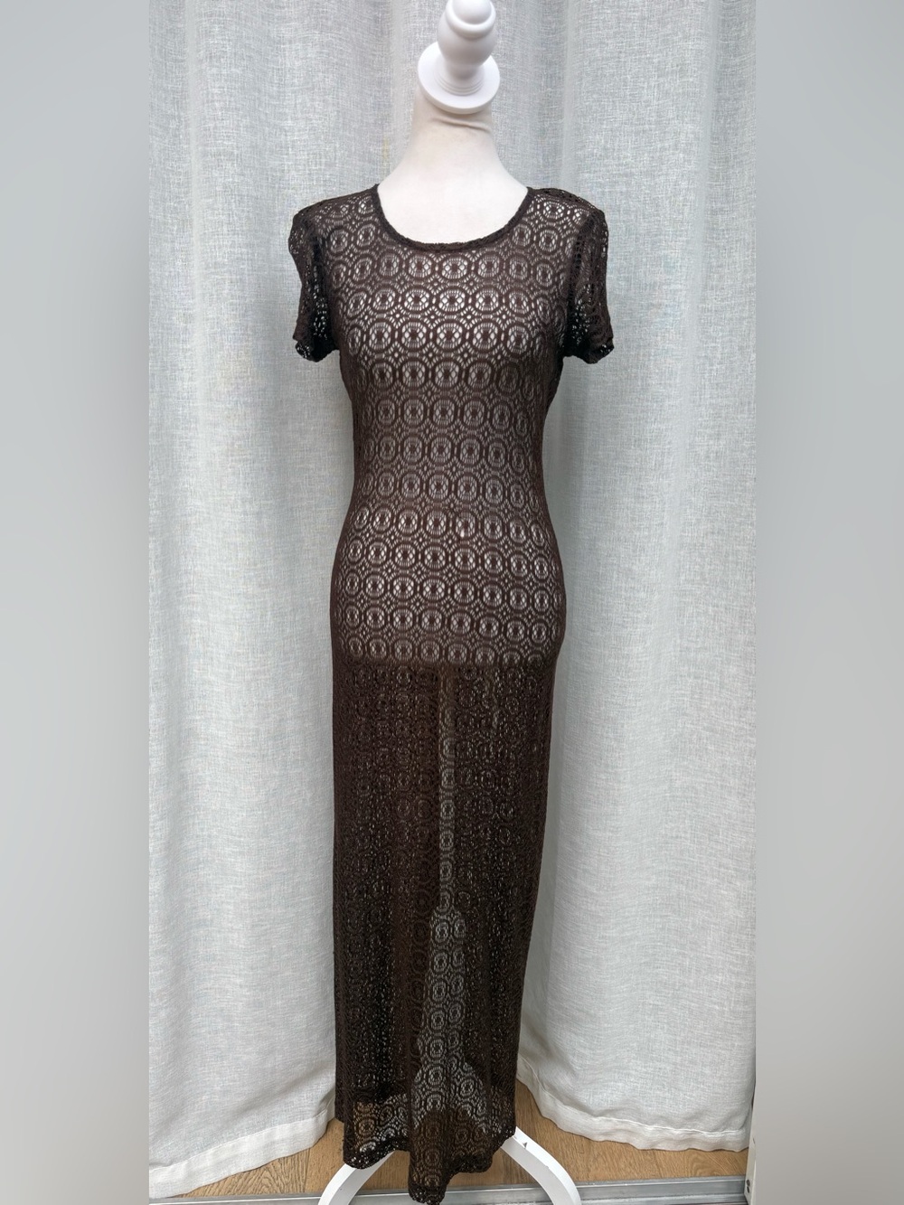 Y2K Hourglass brown crochet short sleeve sheath maxi dress